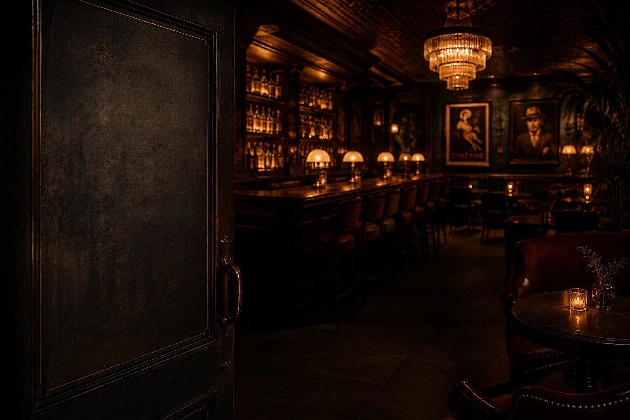 A candlelit bar room seen through an open dark door